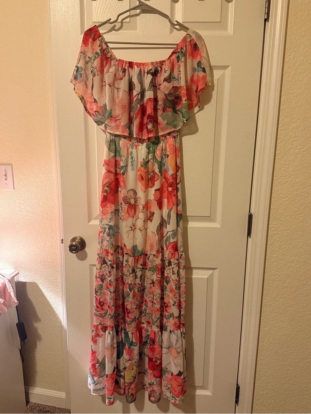 Vici Coral and Sage Floral Off-Shoulder Maxi Dress